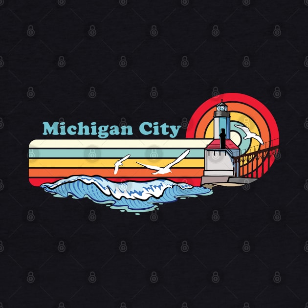 Michigan City Indiana Retro Beach Lighthouse Design by SuburbanCowboy